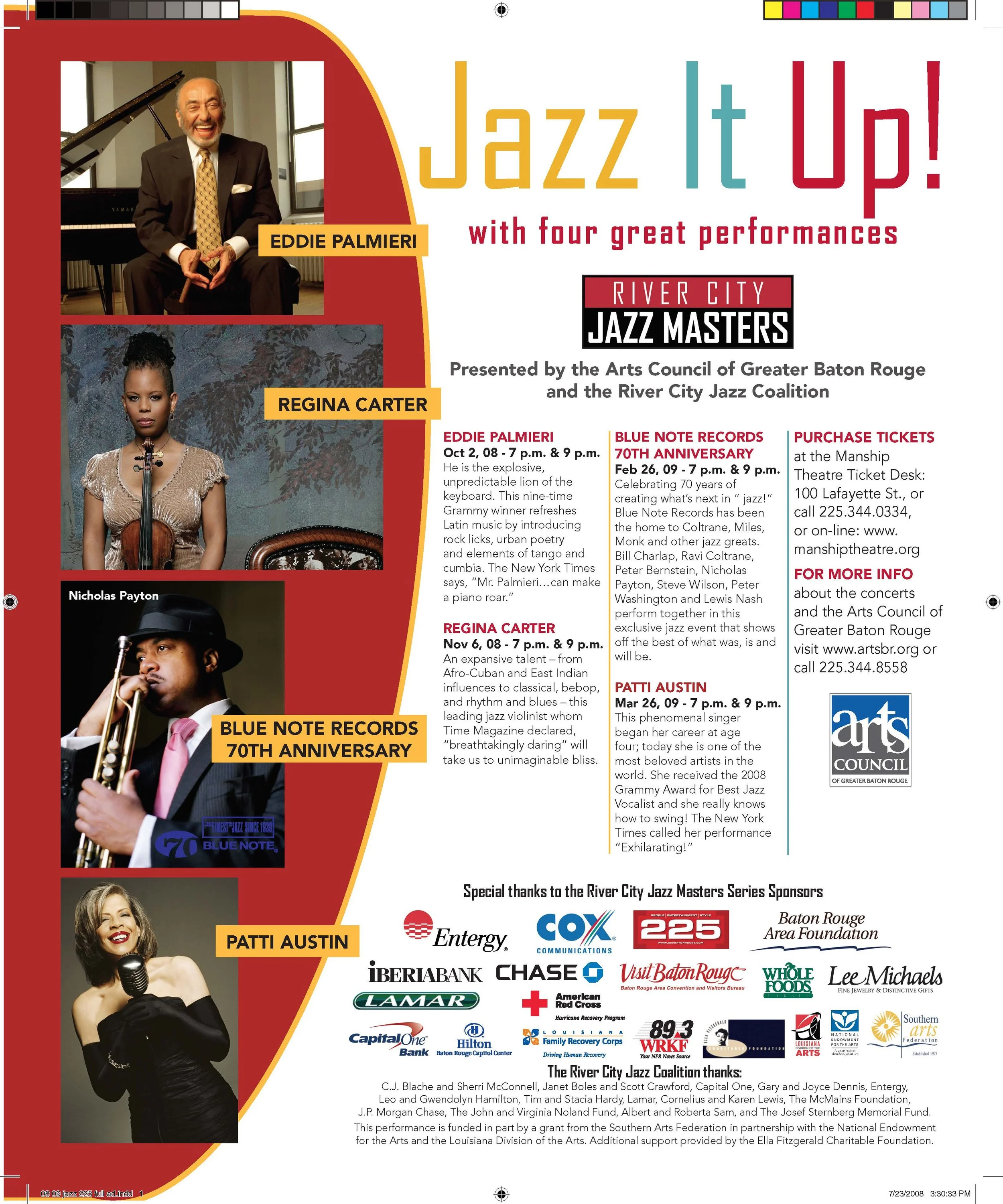 Poster for the Jazz It Up event featuring performances by Eddie Palmieri, Regina Carter, Blue Note Records 70th Anniversary, and Patti Austin. The poster includes photos of each artist, event details, sponsors, and acknowledgments from the River City