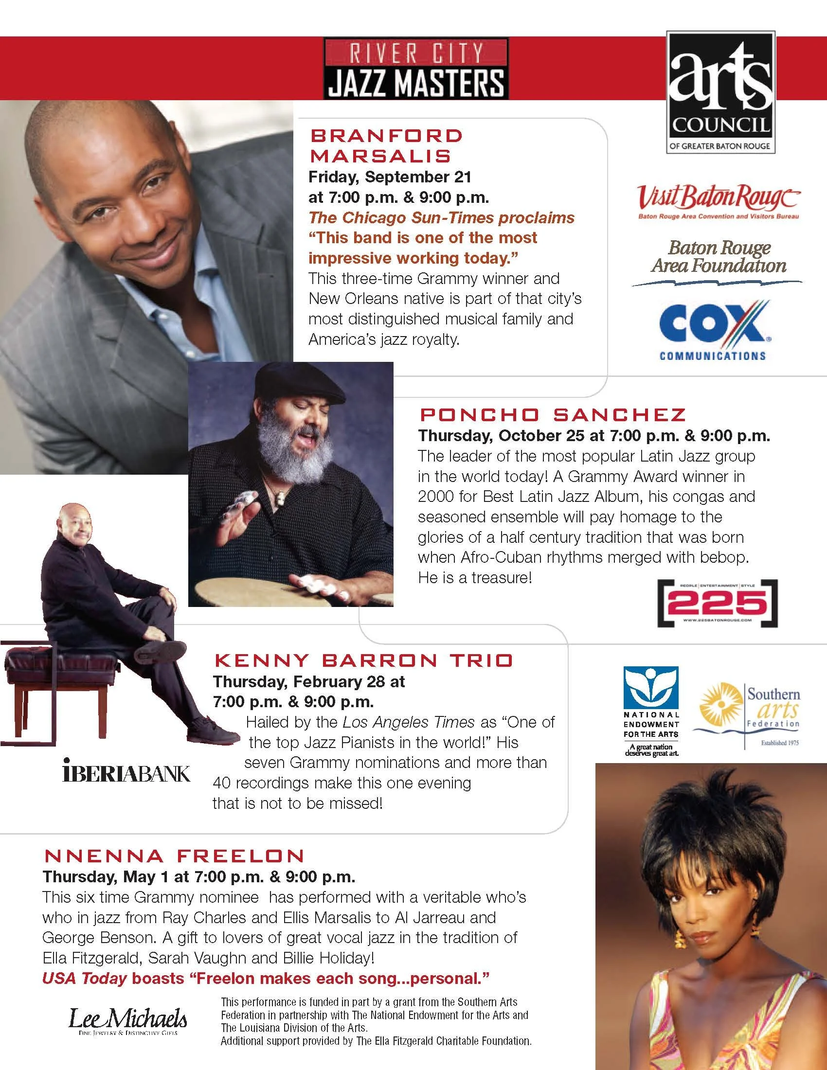 Poster advertising jazz music events in Baton Rouge featuring Branfors Marsalis, Poncho Sanchez, Kenny Barron Trio, and Nnenna Freelon with event dates, times, and descriptions.