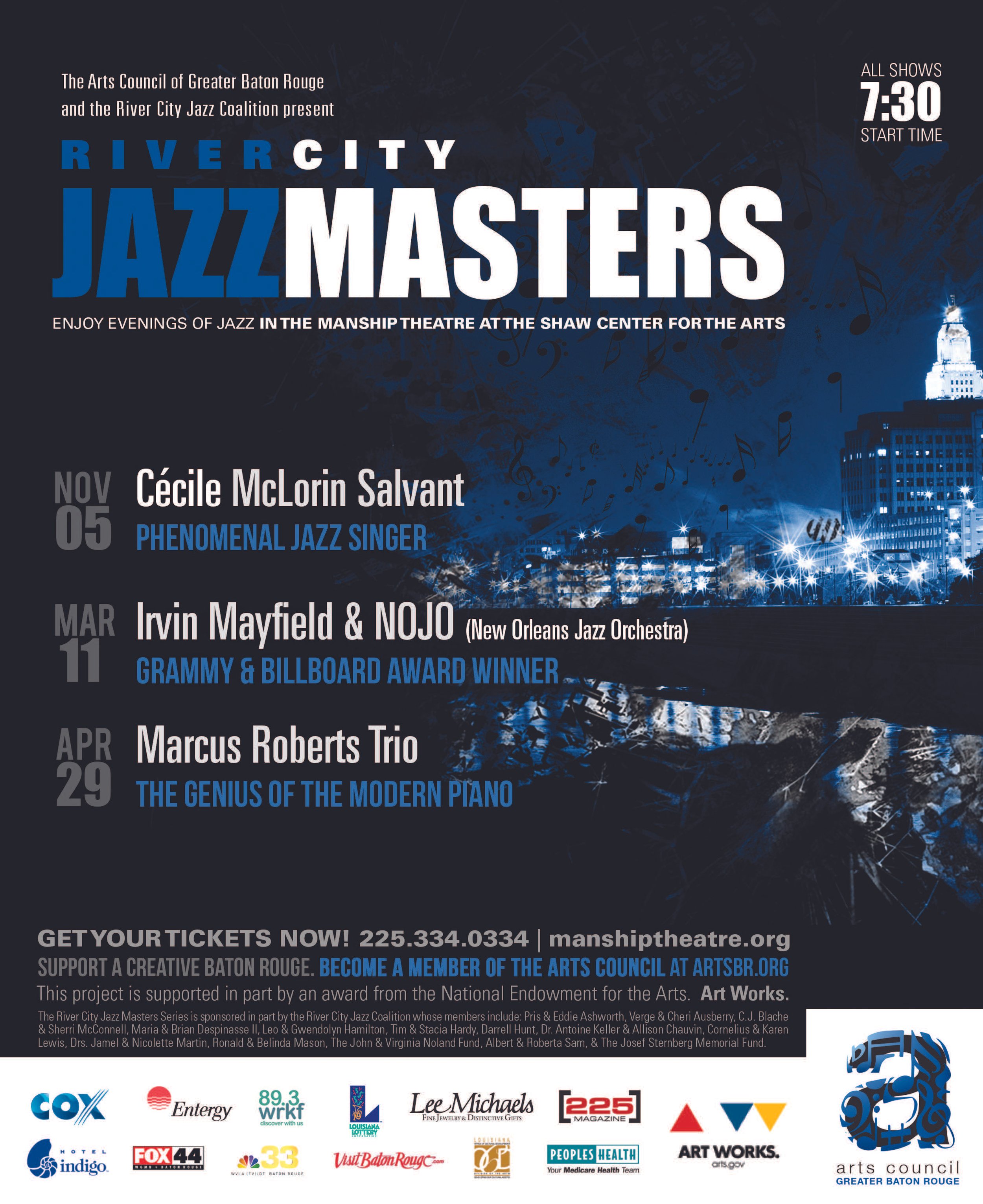Event poster for River City Jazz Masters including dates, performers, sponsors, and ticket information with a cityscape background and musical notes.