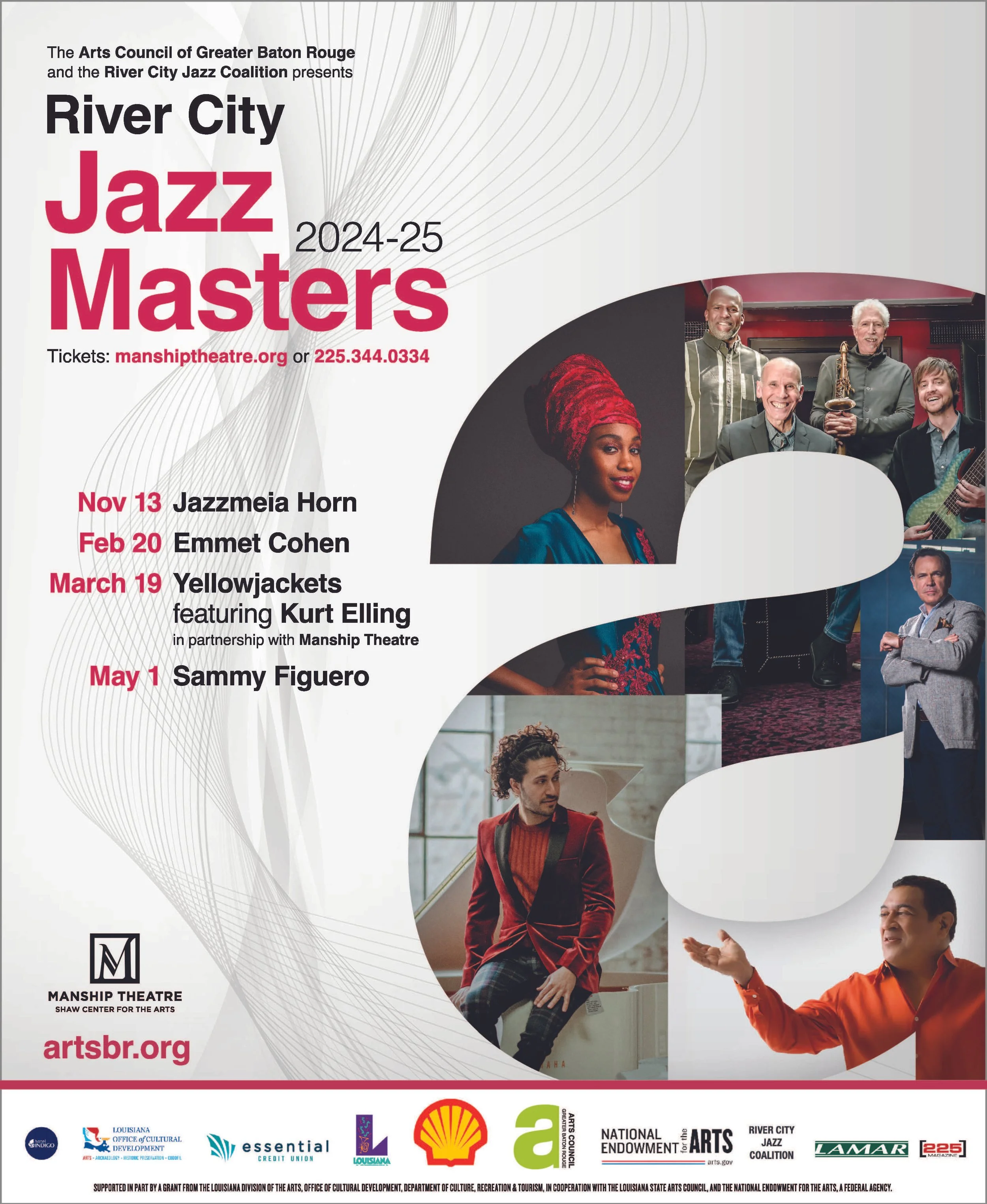 Poster advertising the River City Jazz Masters event organized by The Arts Council of Greater Baton Rouge and the River City Jazz Coalition for the 2024-25 season with photographs of jazz musicians and event details.