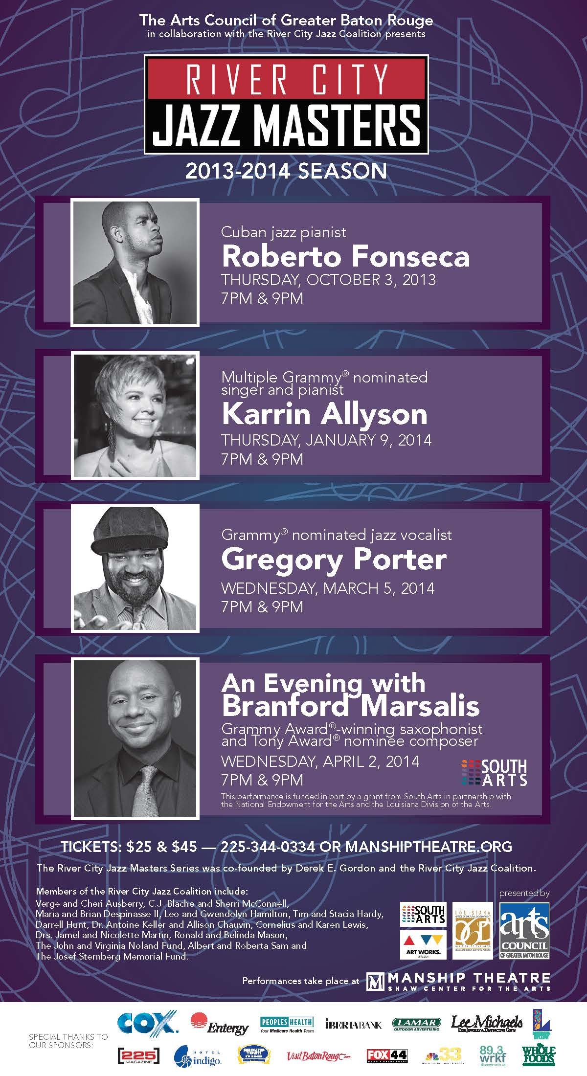 Poster for the River City Jazz Masters series 2013-2014. Features photos of four jazz artists: Roberto Fonseca, Karrin Allyson, Gregory Porter, and Branford Marsalis, with event dates and times, ticket information, and logos of sponsors and partners.