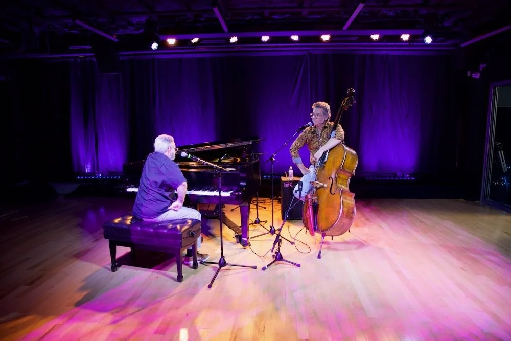 Two musicians performing on a stage with purple lighting; one playing piano and singing into a microphone, the other playing double bass.