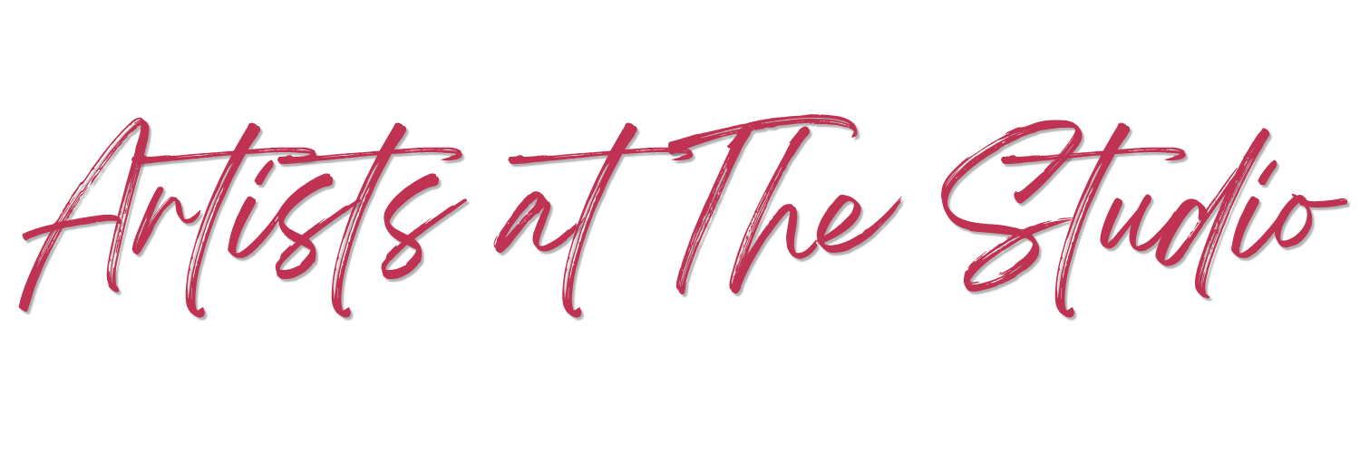Text saying 'Artists at The Studio' in pink cursive on a black background.