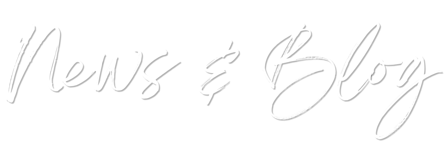 Stylish handwritten text that reads 'News & Blog' on a black background.