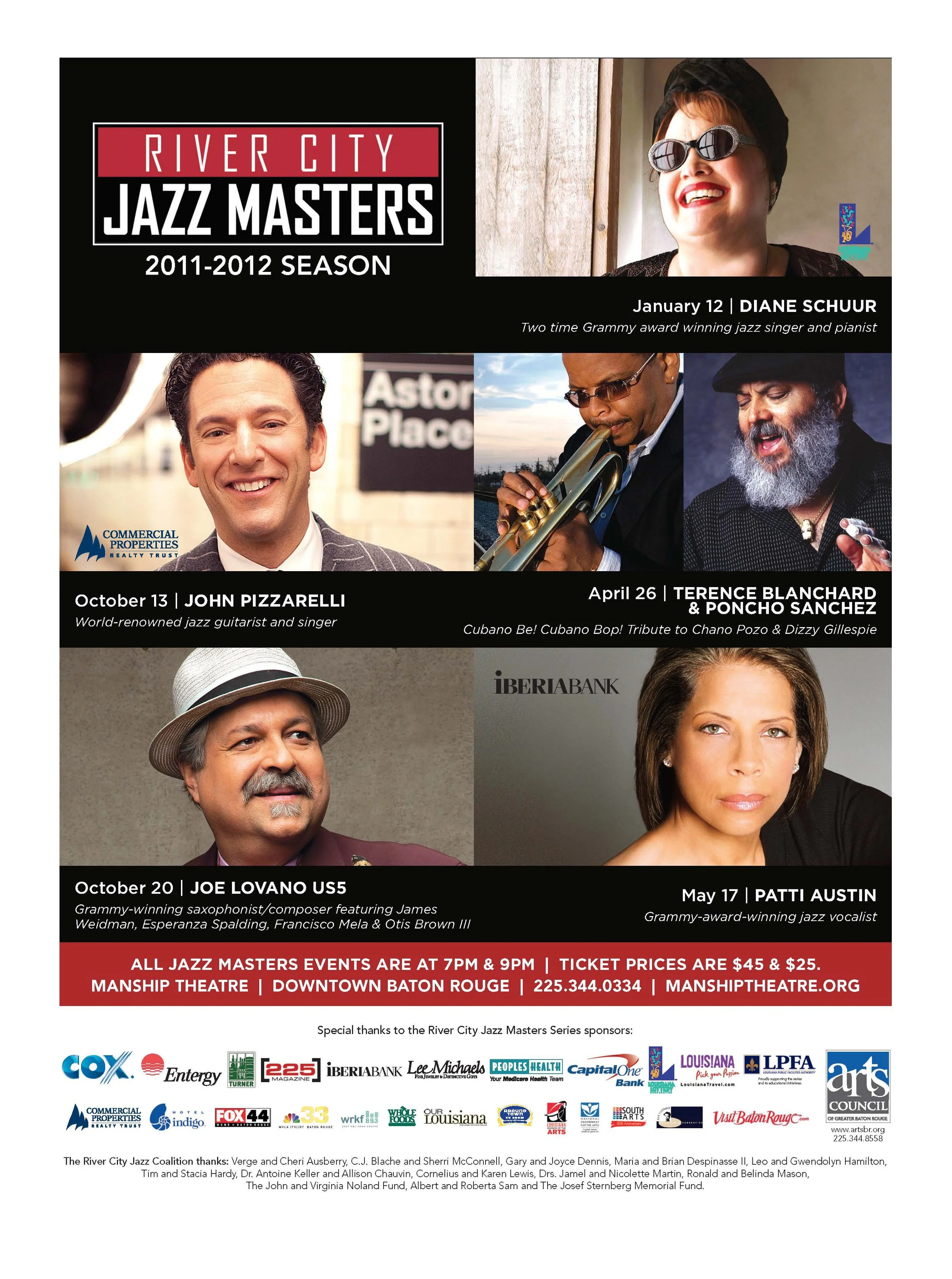 Poster for River City Jazz Masters series 2011-2012 featuring photographs of jazz musicians, including Diane Schuur, John Pizzarelli, Terence Blanchard & Poncho Sanchez, Joe Lovano, Patti Austin. Details about dates, times, and ticket prices are prov