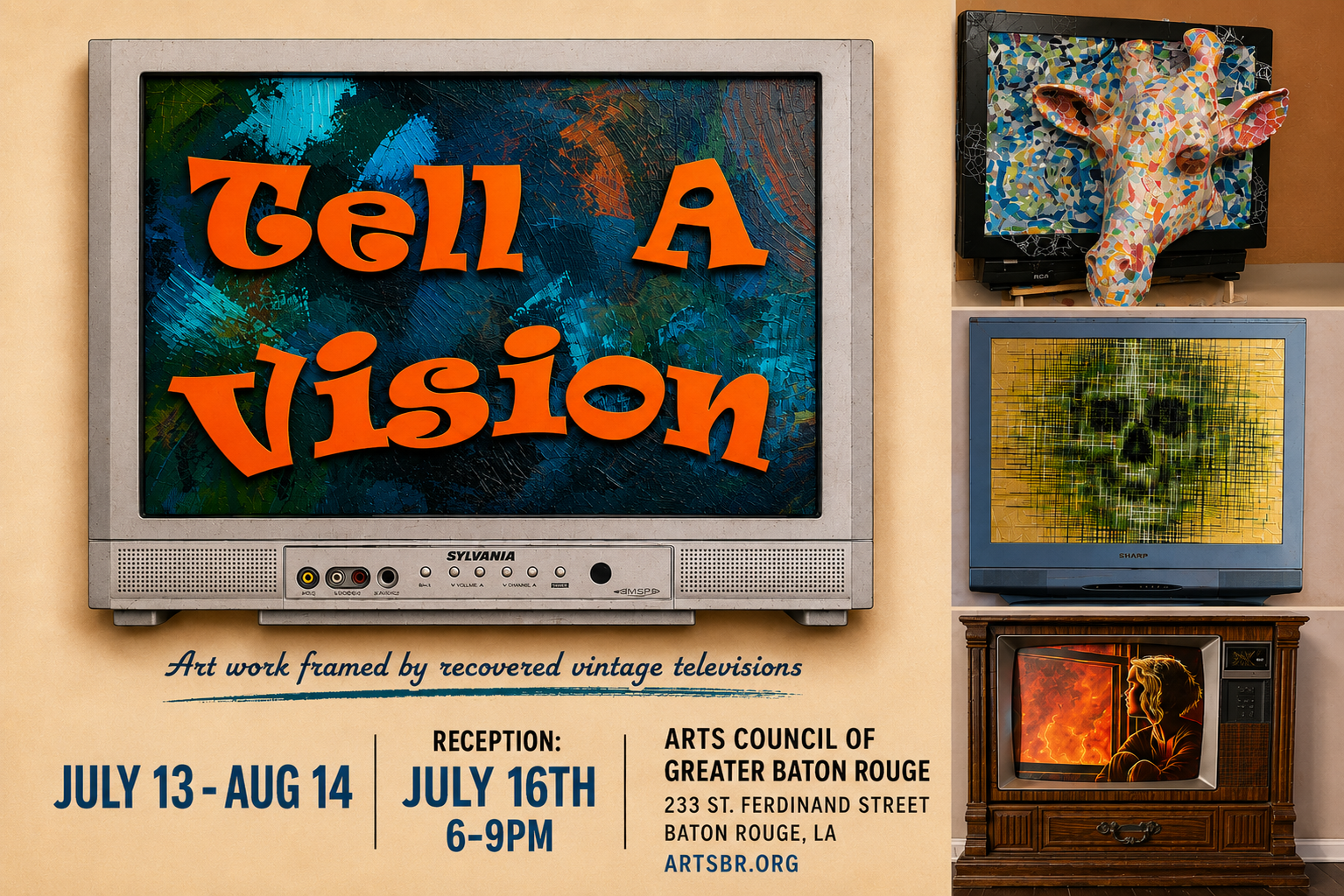 Poster with artwork of three vintage televisions. The main TV displays the text 'Tell A Vision' with a colorful textured background. Smaller TVs include a giraffe sculpture, a skull image, and a woman sitting by fire. Text describes an art exhibition from July 13 to August 14, with reception on July 16th from 6-9 PM, organized by Arts Council of Greater Baton Rouge at 233 St. Ferdinand Street, Baton Rouge, LA.