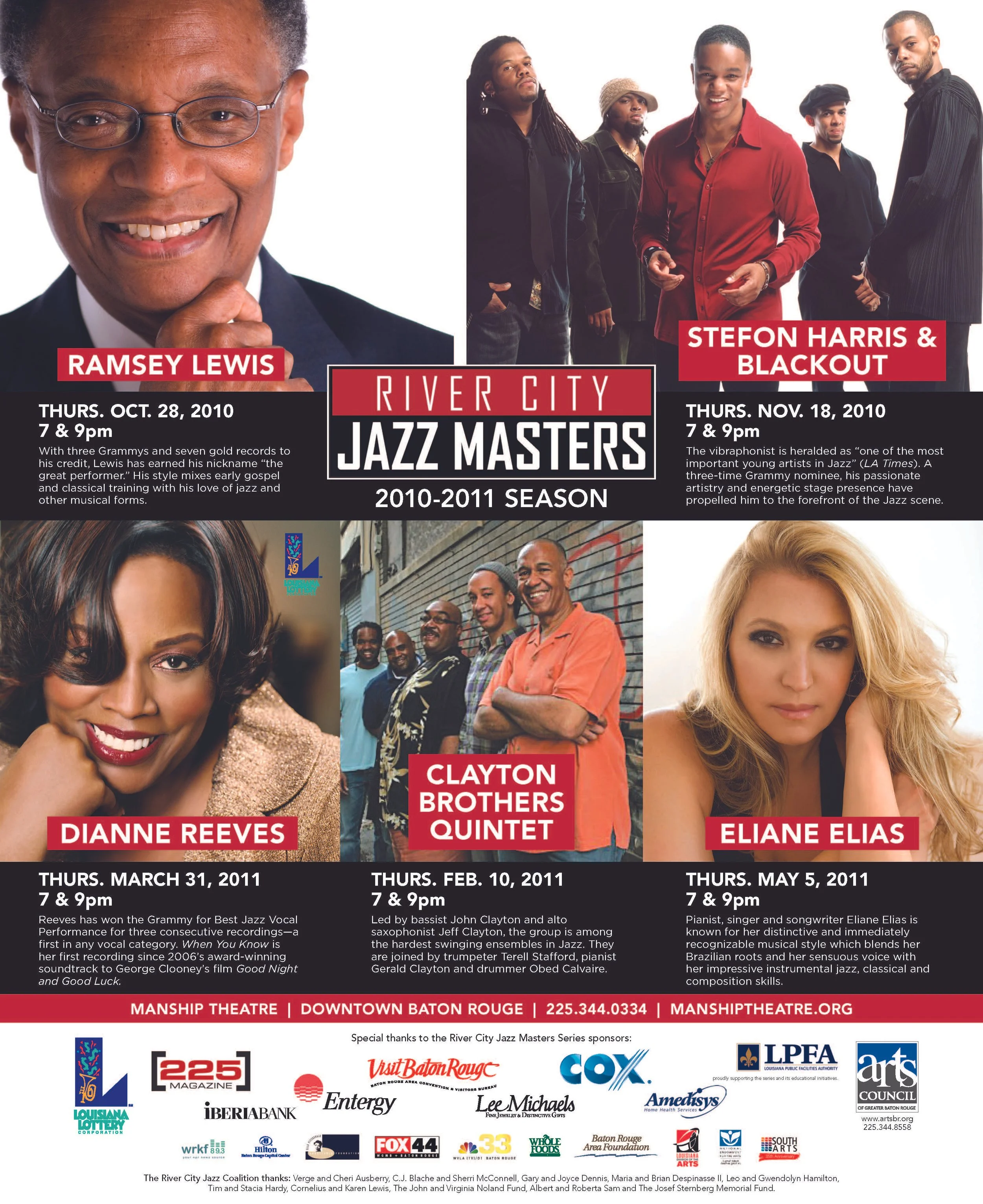 A promotional poster for the River City Jazz Masters 2010-2011 season, featuring headshots and information of various jazz artists like Ramsey Lewis, Stefon Harris & Blackout, Dianne Reeves, Clayton Brothers Quartet, and Eliane Elias, along with even