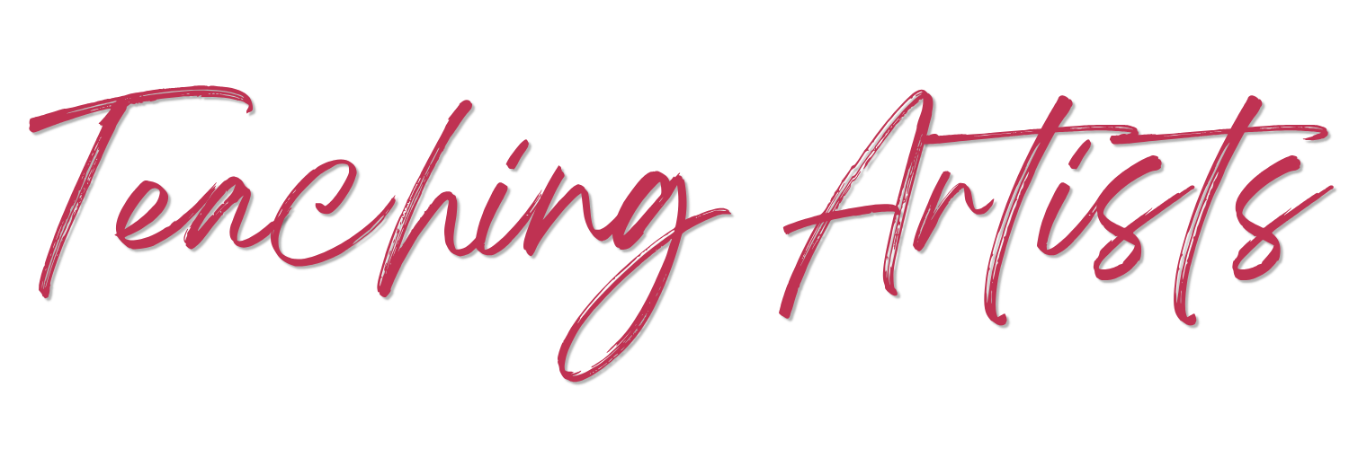 Logo with the text "Tenching Artists" in handwritten style, dark red color on a transparent background