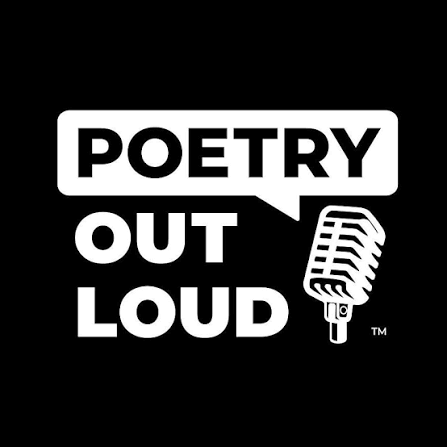 Black background with white text reading 'Poetry Out Loud' and a graphic of a vintage microphone.