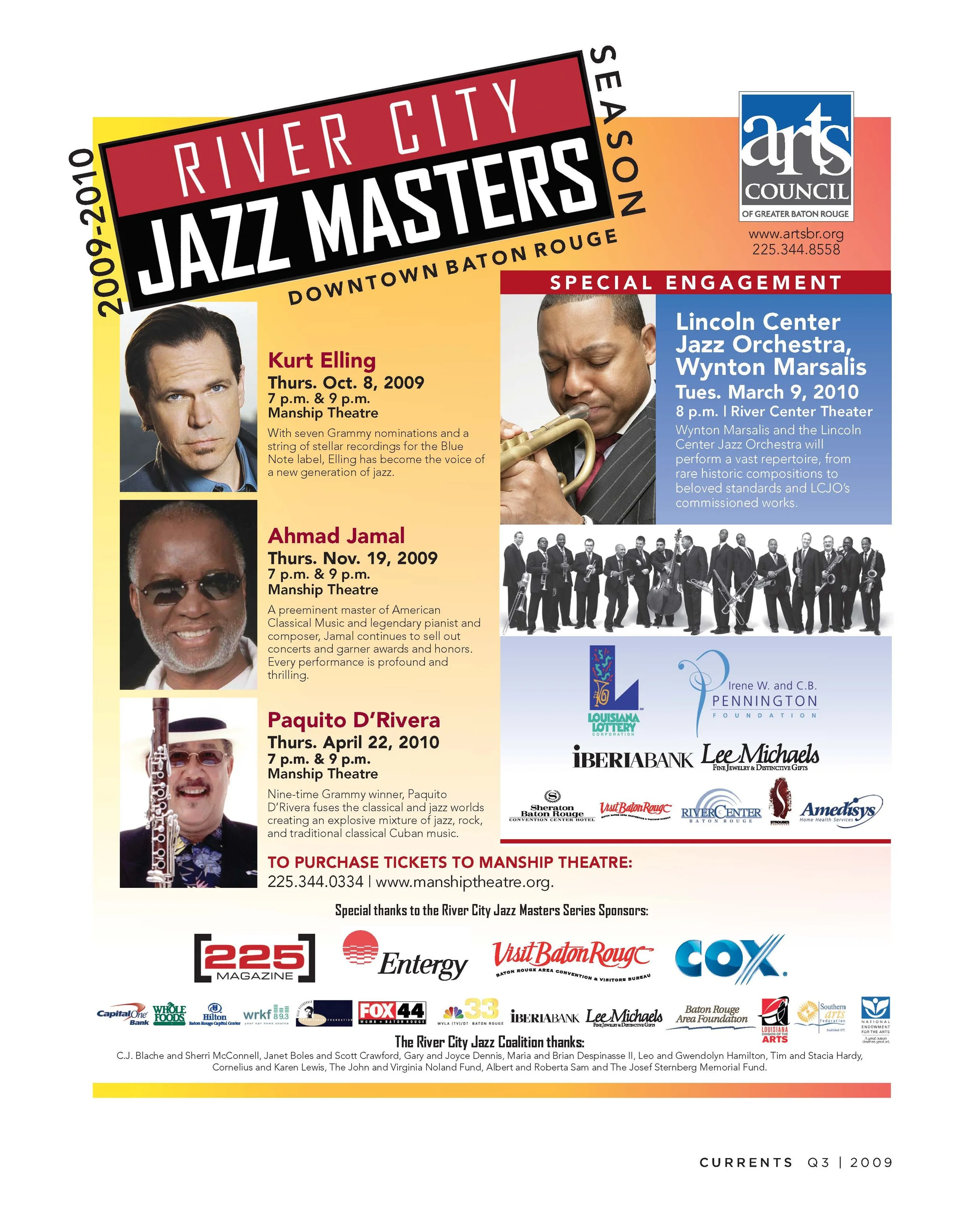 Event poster for the River City Jazz Masters in downtown Baton Rouge, Louisiana, featuring scheduled performances by Kurt Elling, Ahmad Jamal, and Paquito D'Rivera, with details on dates, times, and location, and logos of sponsors and partners.