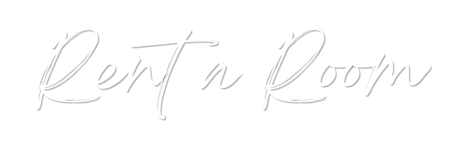 Text that says 'Rent a Room' in white cursive on a black background.