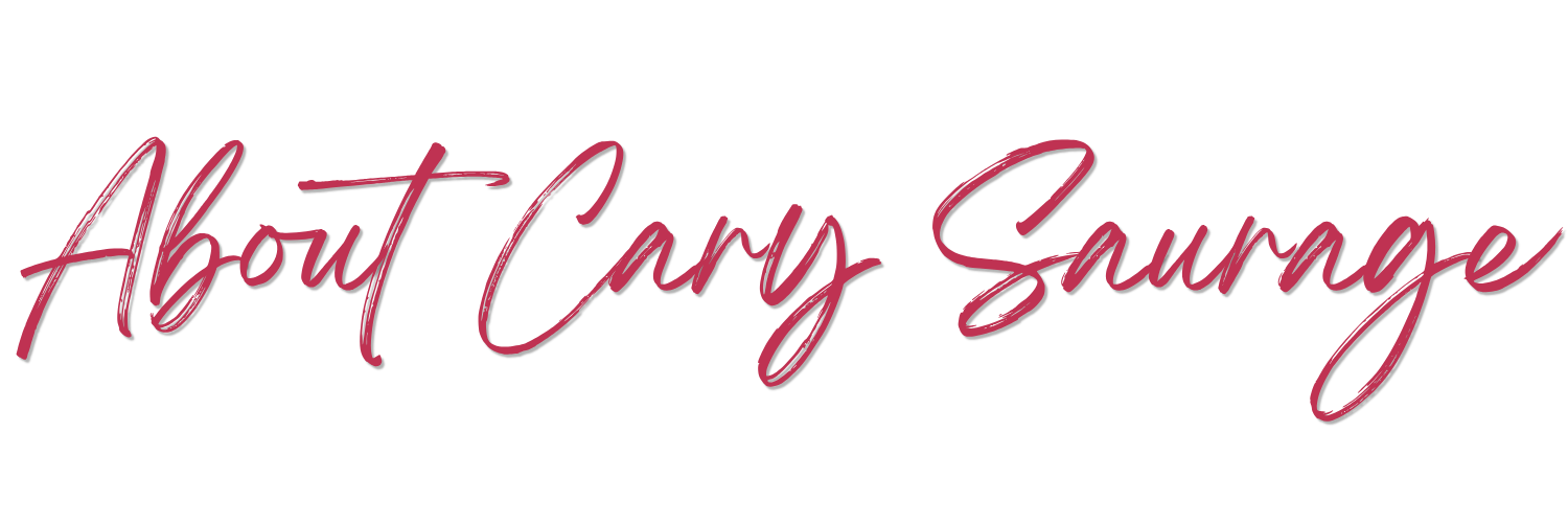 Text that reads 'About Cary Saurnge' in a handwritten script font, dark pink color, on a transparent background.