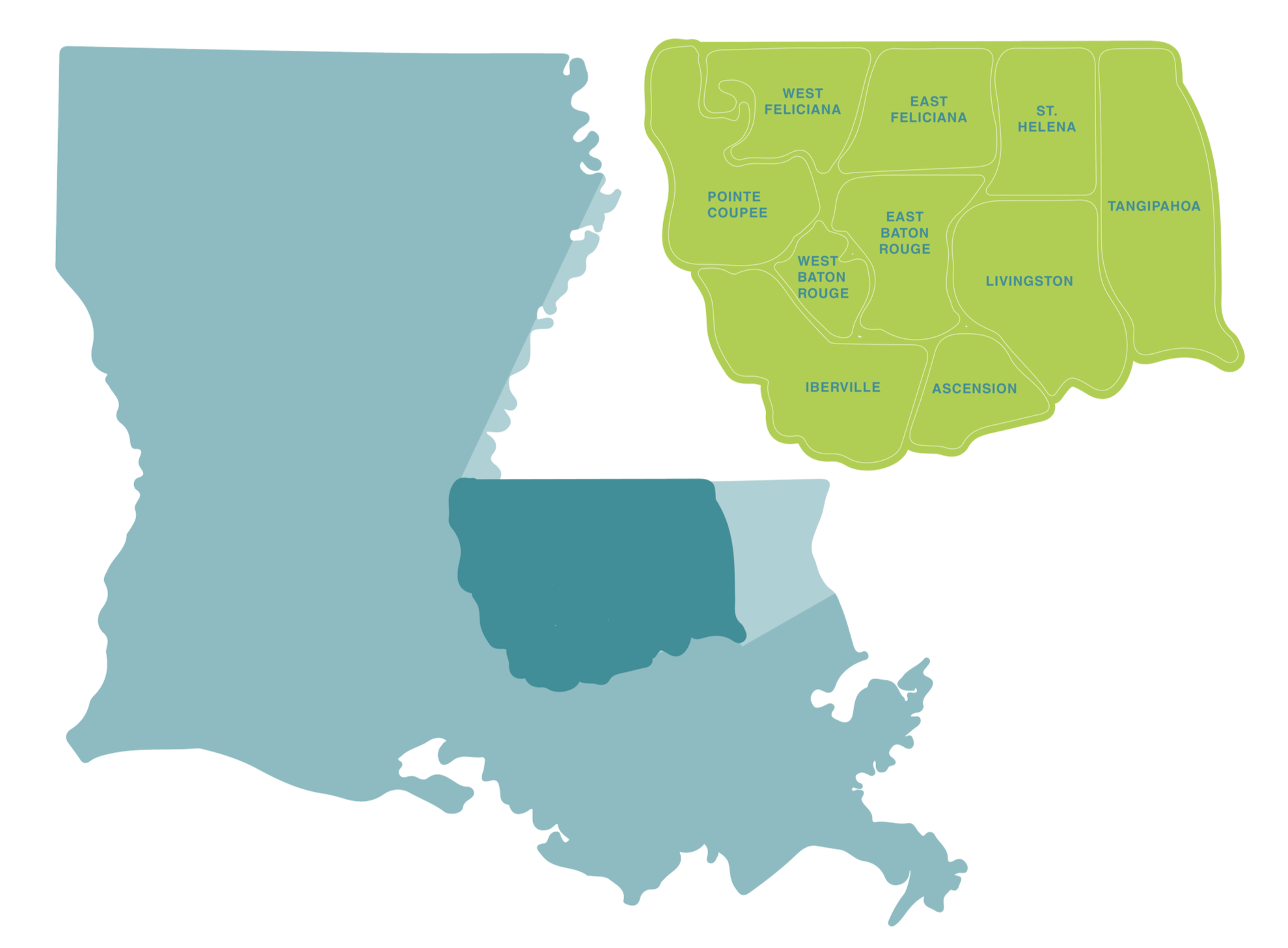 Map of Louisiana with districts labeled in blue text, including West Feliciana, East Feliciana, St. Helena, Tangipahoa, Livingston, East Baton Rouge, West Baton Rouge, Pointe Coupee, Iberville, and Ascension.