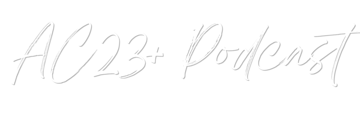 Text in white script font says 'AIC 23+ Podcast' on a black background.
