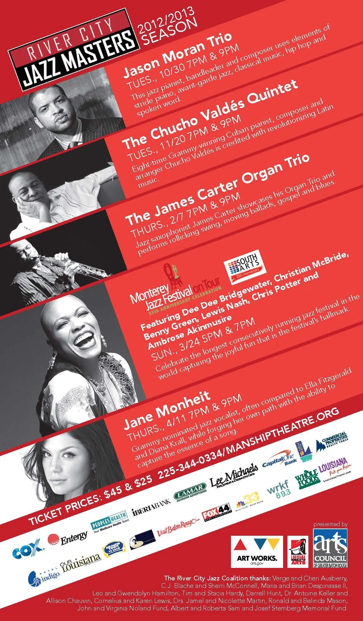 Red poster advertising the River City Jazz Masters concert season 2012-2013, featuring images of four jazz musicians and event details for upcoming performances, including dates, times, and performers.