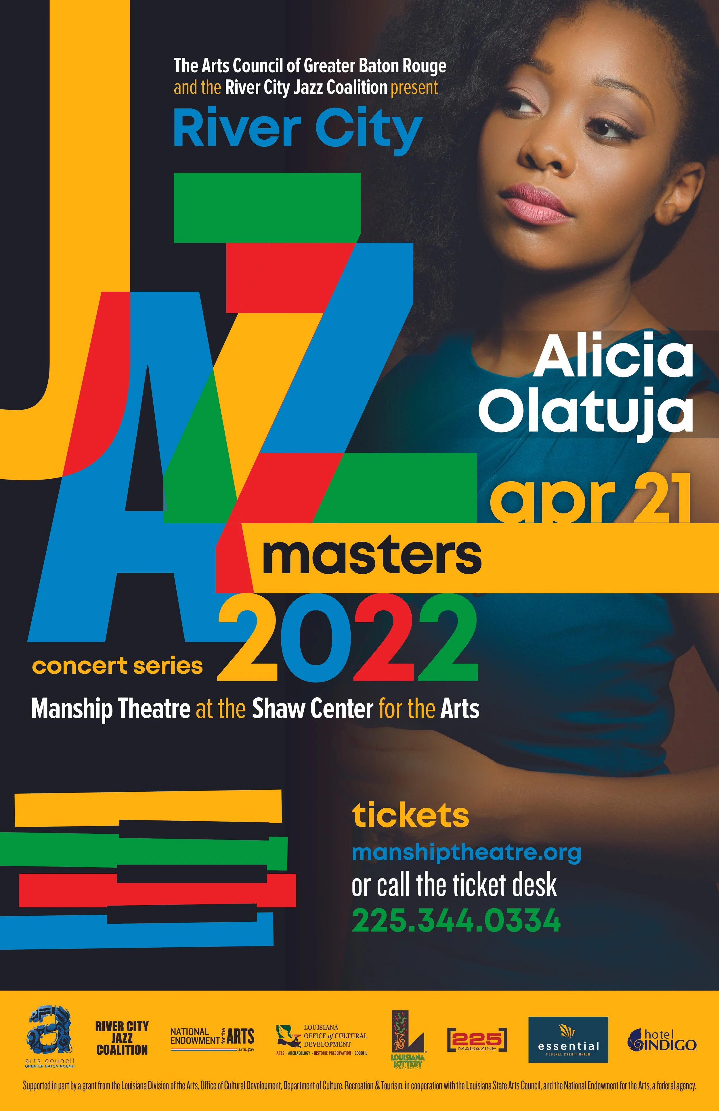 A promotional poster for the River City Jazz Masters concert series in April 2022 at Manship Theatre, featuring a woman's portrait, colorful text, and various logos of sponsors and supporters.