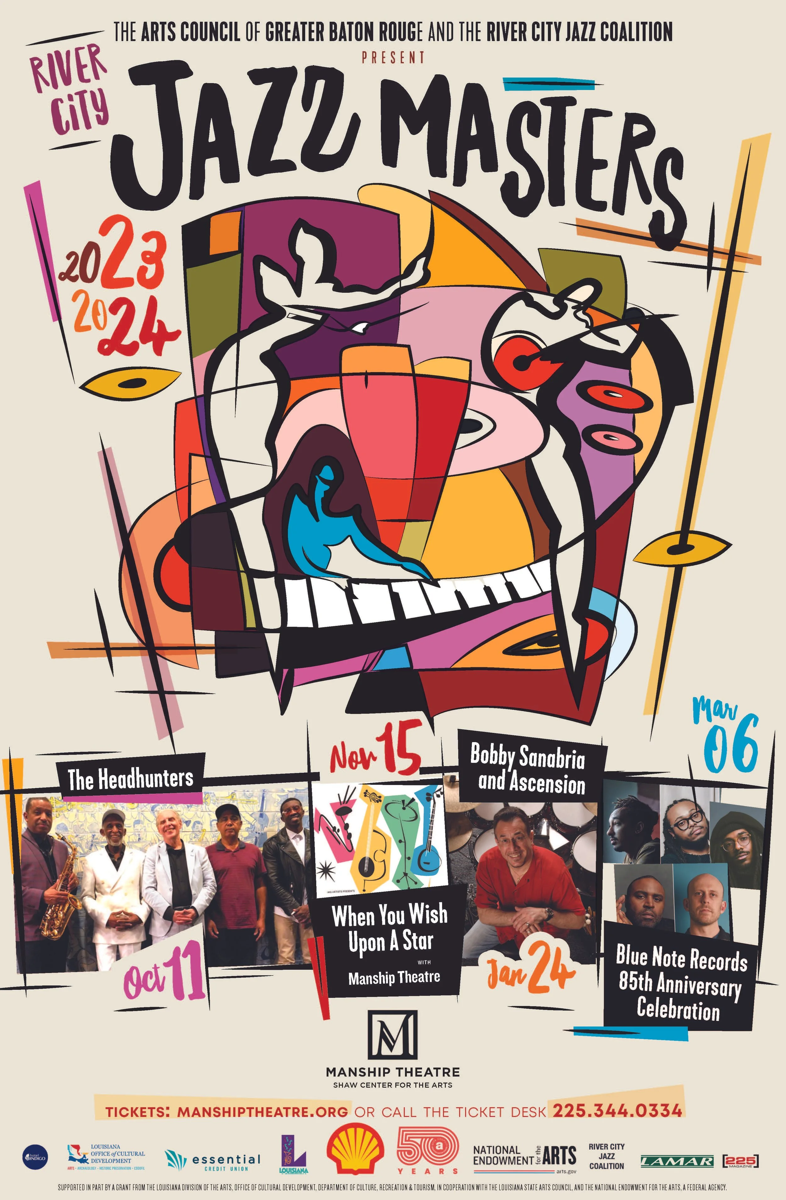 Poster for the Jazz Masters event presented by the Arts Council of Greater Baton Rouge and River City Jazz Coalition. Features colorful abstract art of a skull, with event dates October 15, 2023, and January 24, 2024. Includes photos of performers an