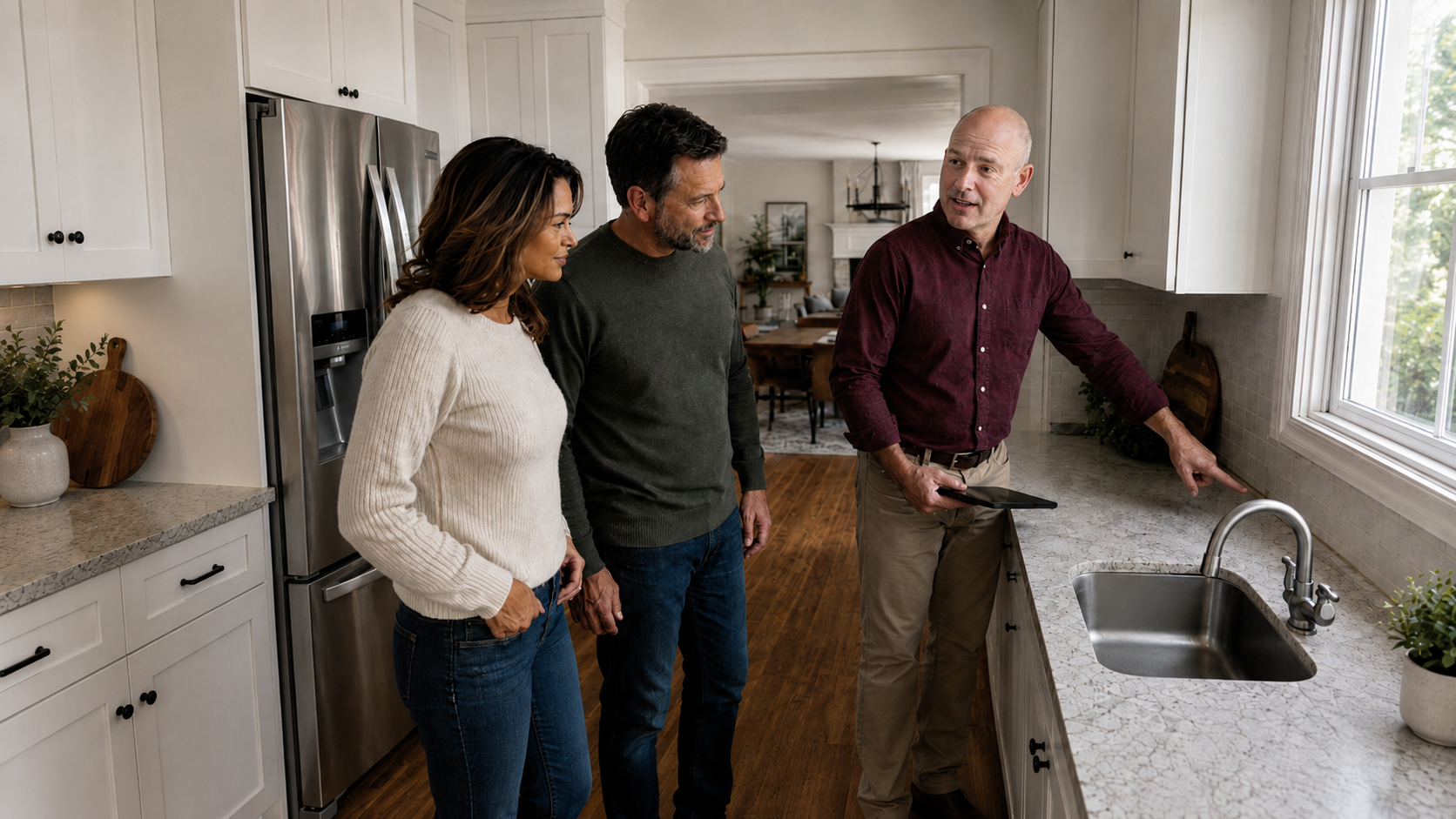 Real estate agent reviewing deteriorated kitchen caulking with homeowners during a pre-listing walkthrough.