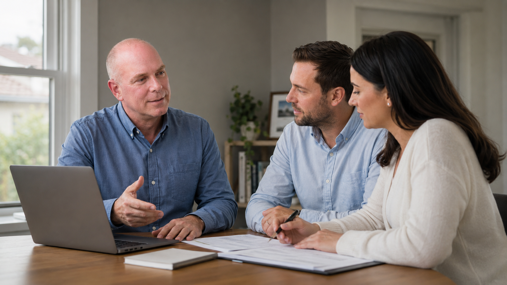 Real estate agent and home buyer discussing the steps involved in purchasing a home.