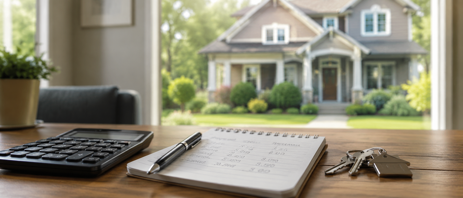 View of a house through a large window from inside a home. On a wooden table near the window, there is a calculator, a notepad with handwritten notes, a pen, and a set of keys.