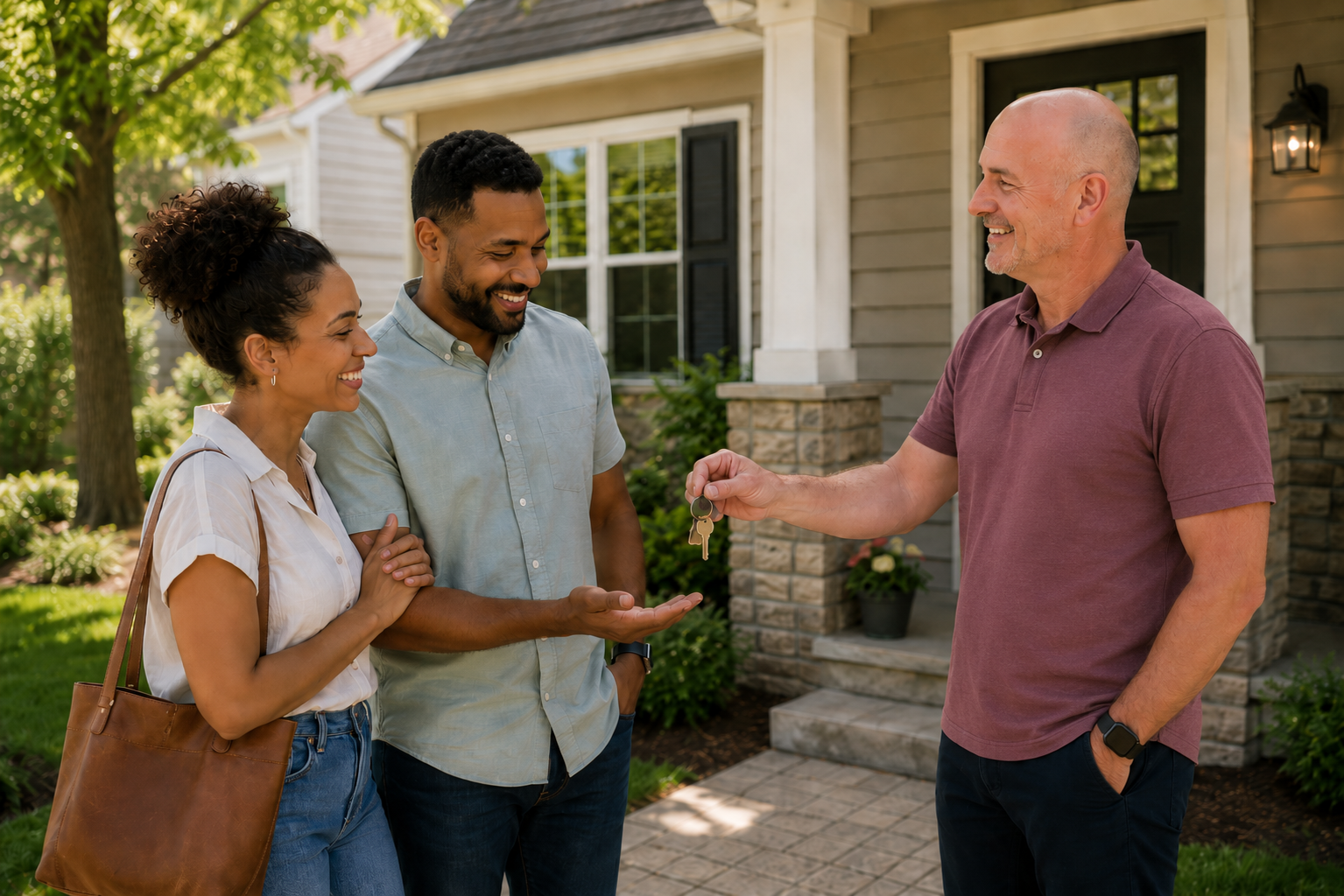 Kevin Maury handing house keys to new homeowners on closing day