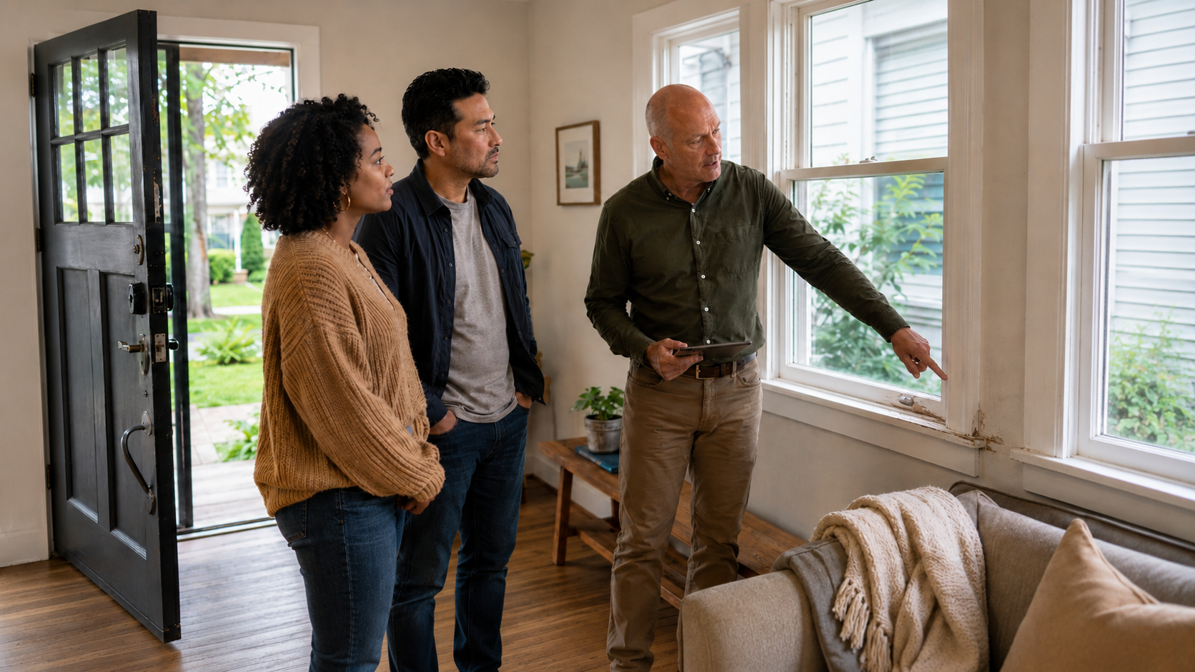 Real estate agent showing two home buyers moisture damage near a living-room window during a home tour.