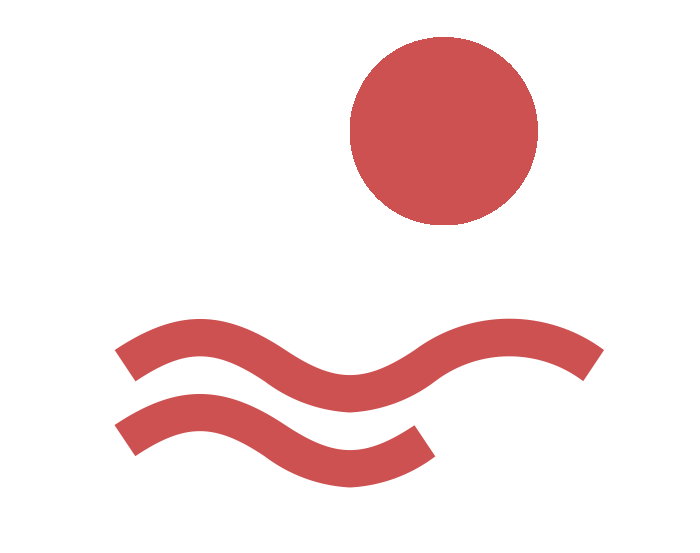 Icona stilizzata di un sole, onde marine e un pesce.