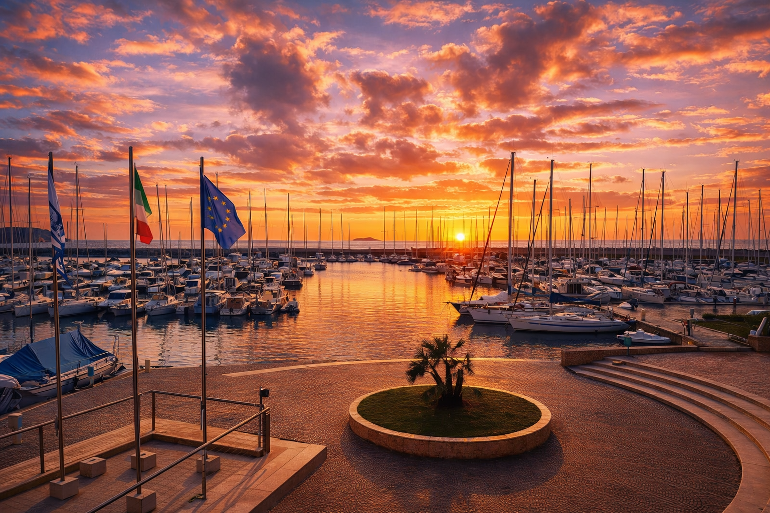 Porto turistico con barche e yacht durante il tramonto, con bandiere di Grecia, Italia e dell'Unione Europea, cielo con nuvole colorate di arancione e rosa.