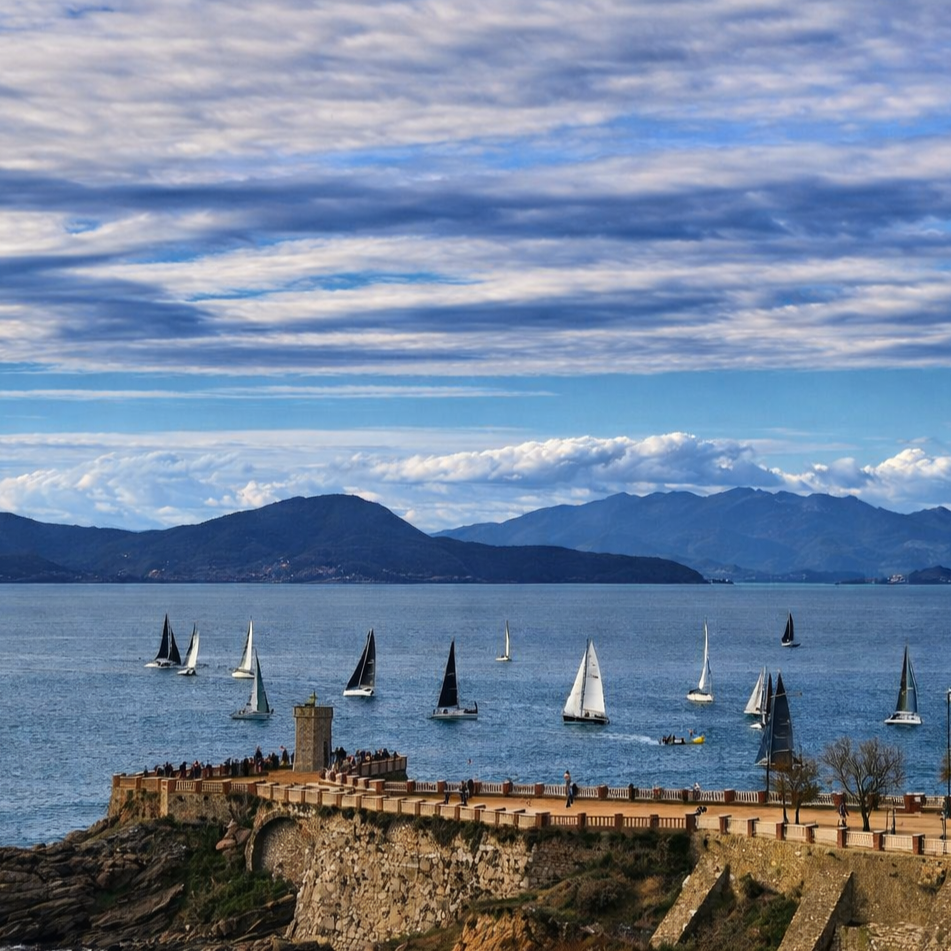 Veduta di un lago con diverse barche a vela, montagne sullo sfondo e un cielo nuvoloso. In primo piano, una banchina con persone e una torre.