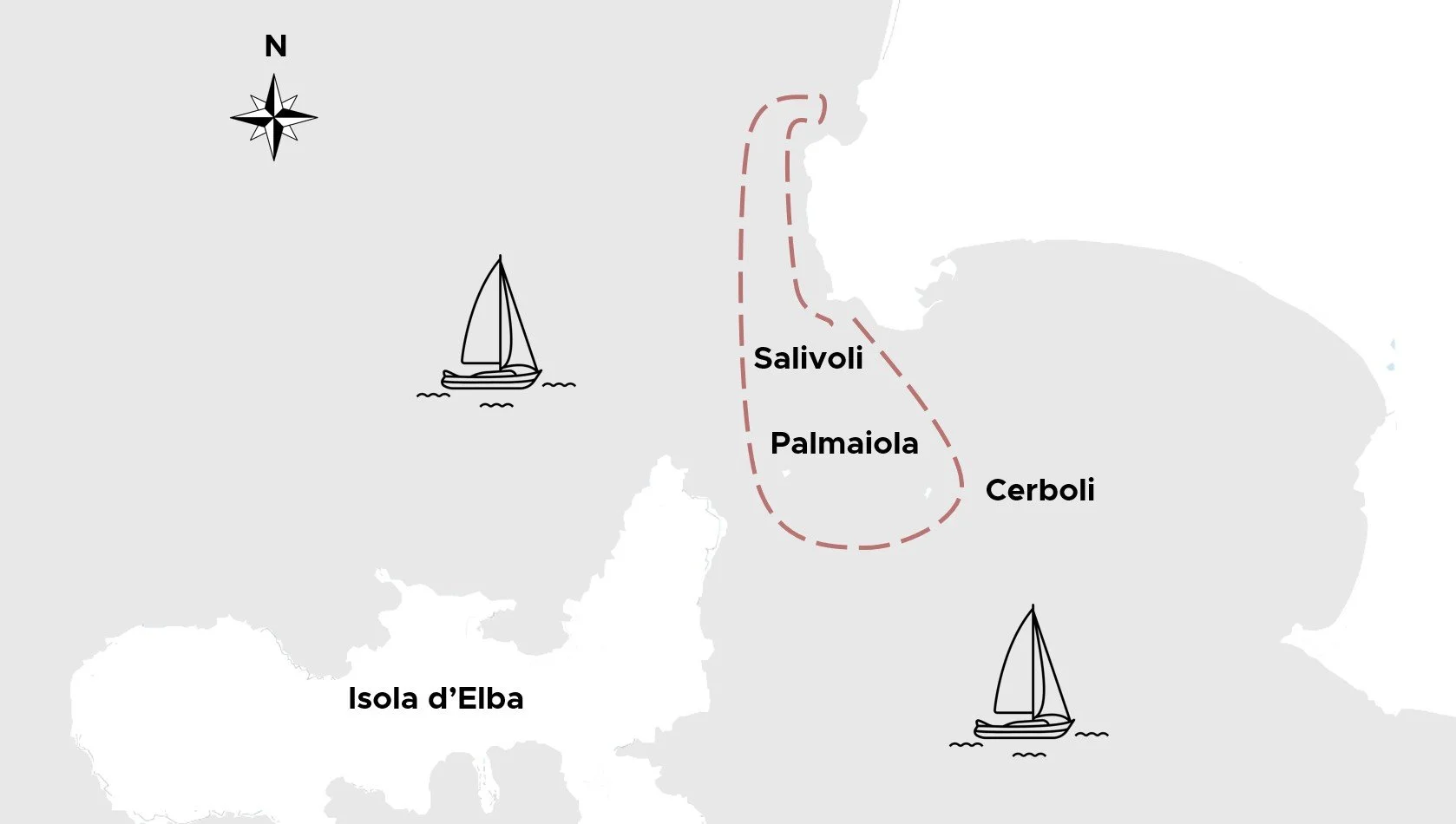 Mappa dell'Isola d'Elba con rotte marittime e nomi delle località Salivoli, Palmaiola, Cerboli, con due barche e una bussola.
