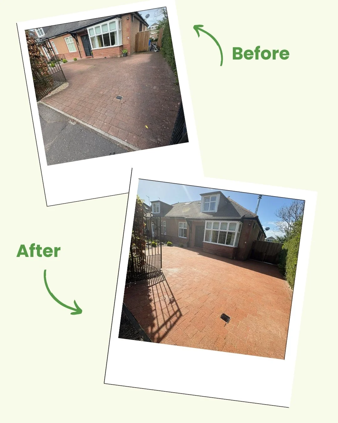 Comparison of a driveway before and after being repaved with brick pavers, showing a clean, red-brick surface replacing a darker, dirtier one.
