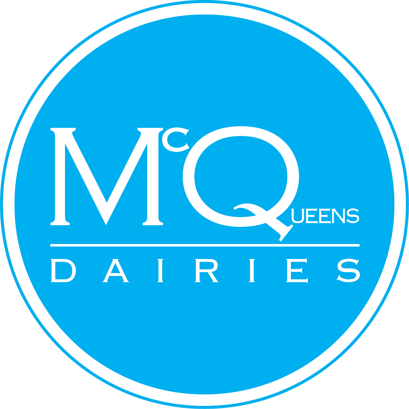 Blue circular logo with white text that reads "MQ Queens Dairies."