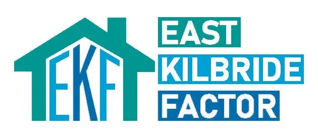 Logo for East Kilbride Factor featuring a house roof outline with the acronym 'EKF' inside and the words 'East Kilbride Factor' on the right.