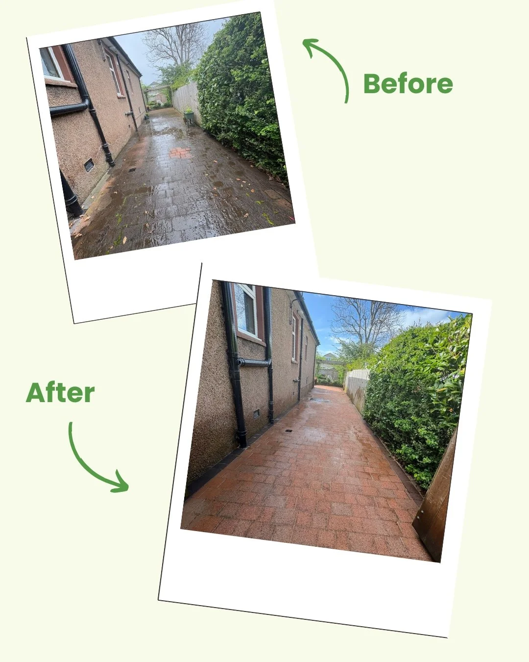 Comparison of a backyard pathway before and after being cleaned and new brick paving installation. The before image shows a wet, muddy, and uneven pathway with patches of moss, while the after image shows a clean, dry, and neatly laid brick pathway w