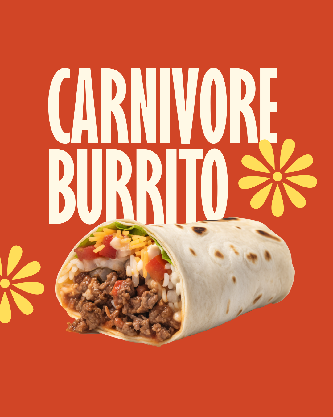 A burrito with beef, rice, lettuce, tomatoes, and cheese inside a flour tortilla, with text that says 'Carnivore Burrito' on a red background with yellow flower illustrations.