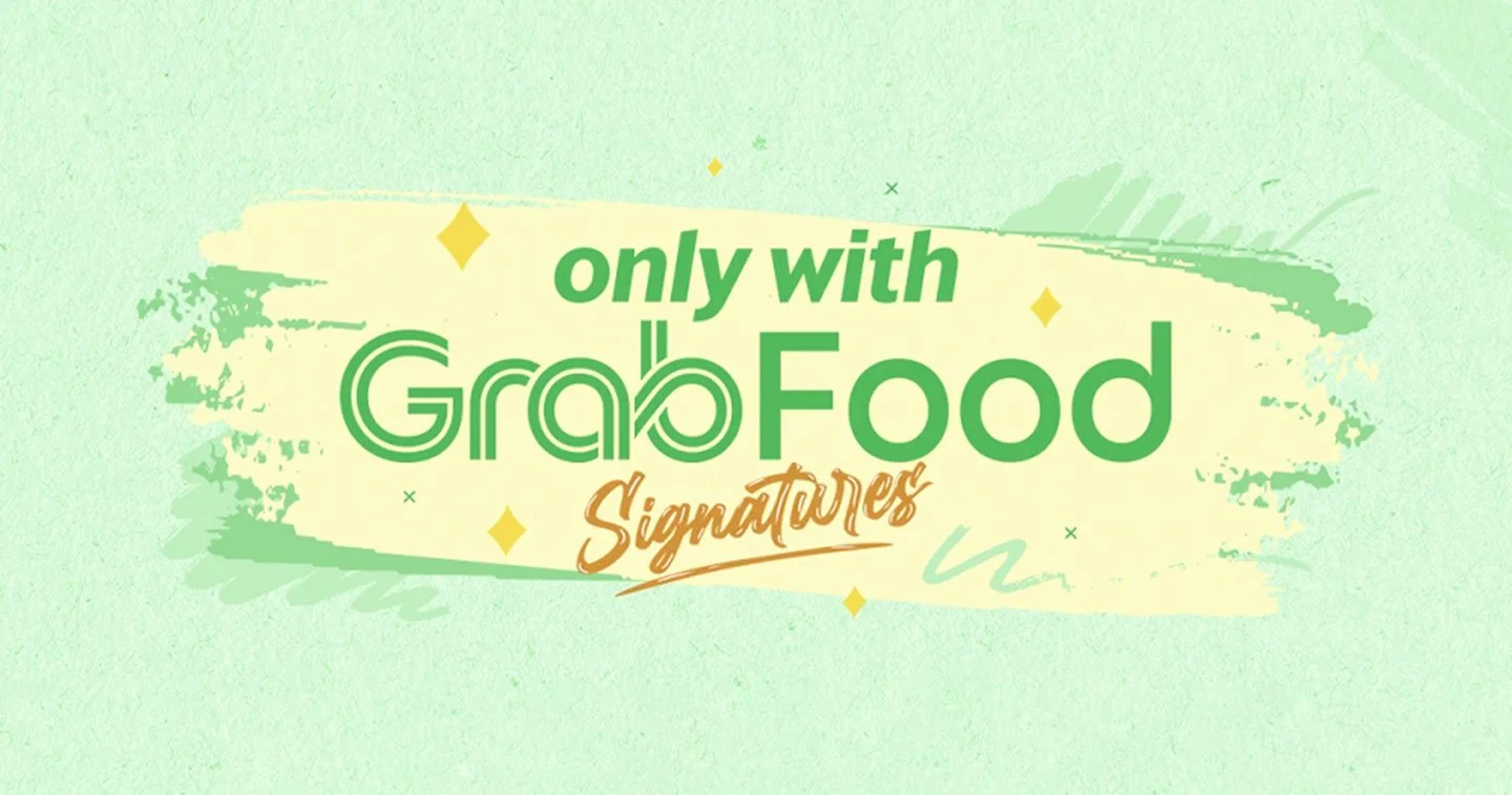 Graphic with green text stating 'only with GrabFood Signatures' on a light green background with abstract artistic brushstrokes and small decorative elements.