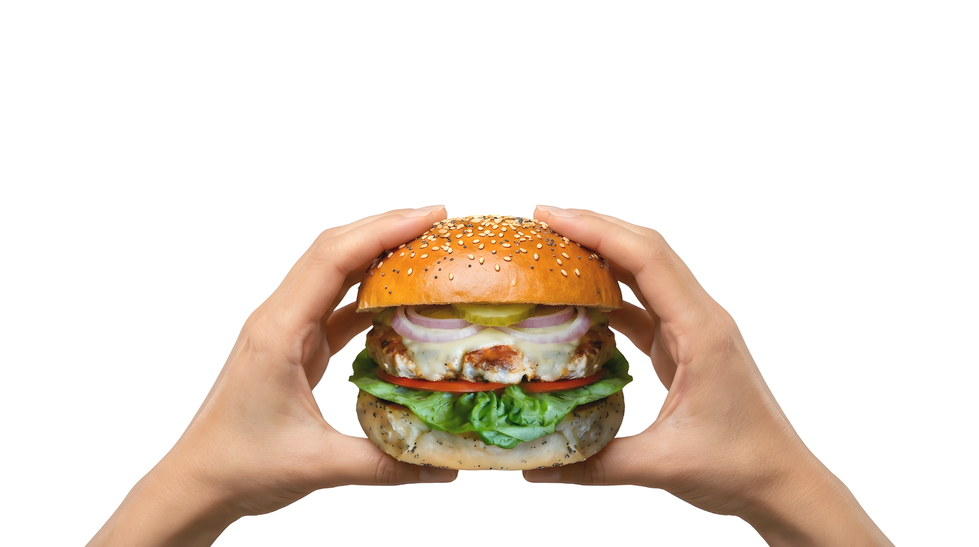 Hands holding a large burger with sesame seed bun, lettuce, tomato, pickles, onions, cheese, grilled chicken patty, and mayo.