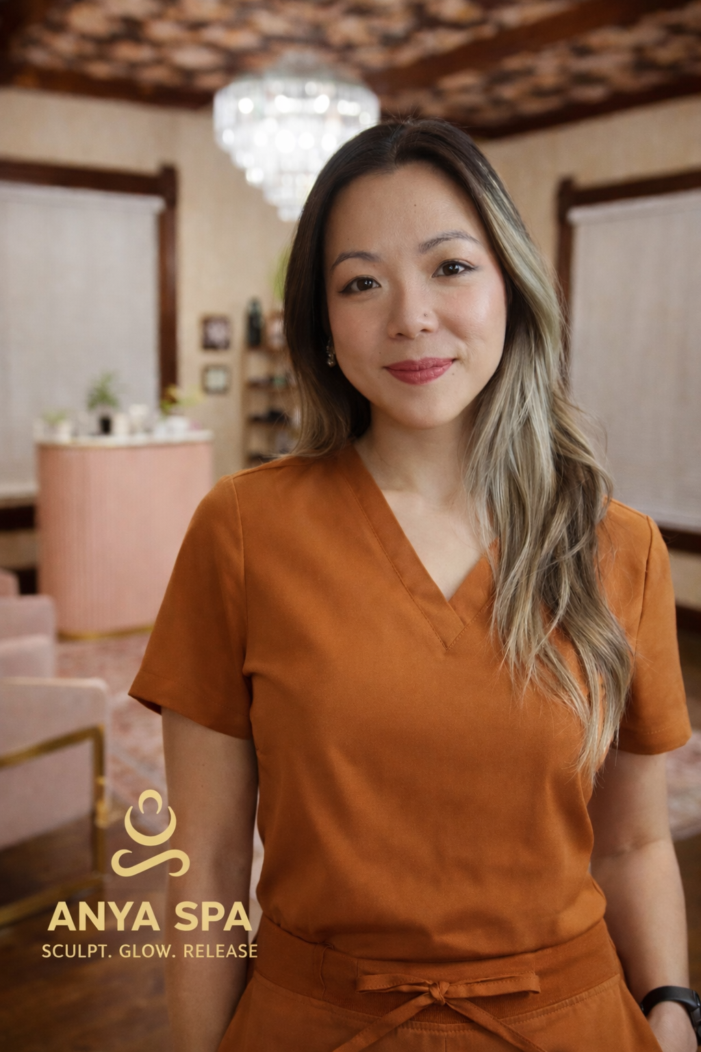 A woman with long, wavy hair wearing an orange top and matching apron standing in a cozy spa room with wooden ceiling and chandelier.