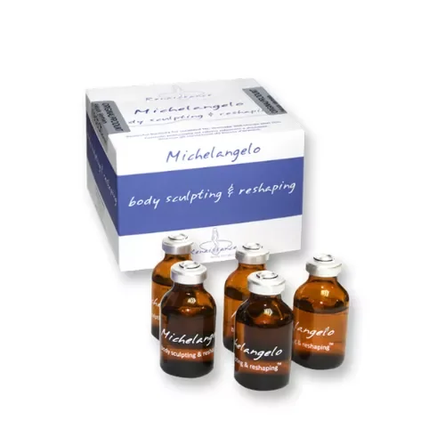 Sechs kleine braune Fläschchen mit weißen Kappen, gekennzeichnet mit 'Michelangelo body sculpting & reshaping', vor einer weißen Verpackung mit blauer Markierung und ähnlichem Text.