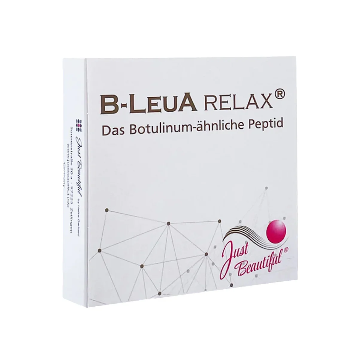 Eine weiße Box mit schwarzem und pinkem Text, die ein Produkt namens B-Leua Relax zeigt, das auf Botulinum-ähnliche Peptide verweist. Das Design ist schlicht mit einer geometrischen Linienzeichnung und einem pinken Punkt, sowie der Aufschrift 'Just Beautiful'.