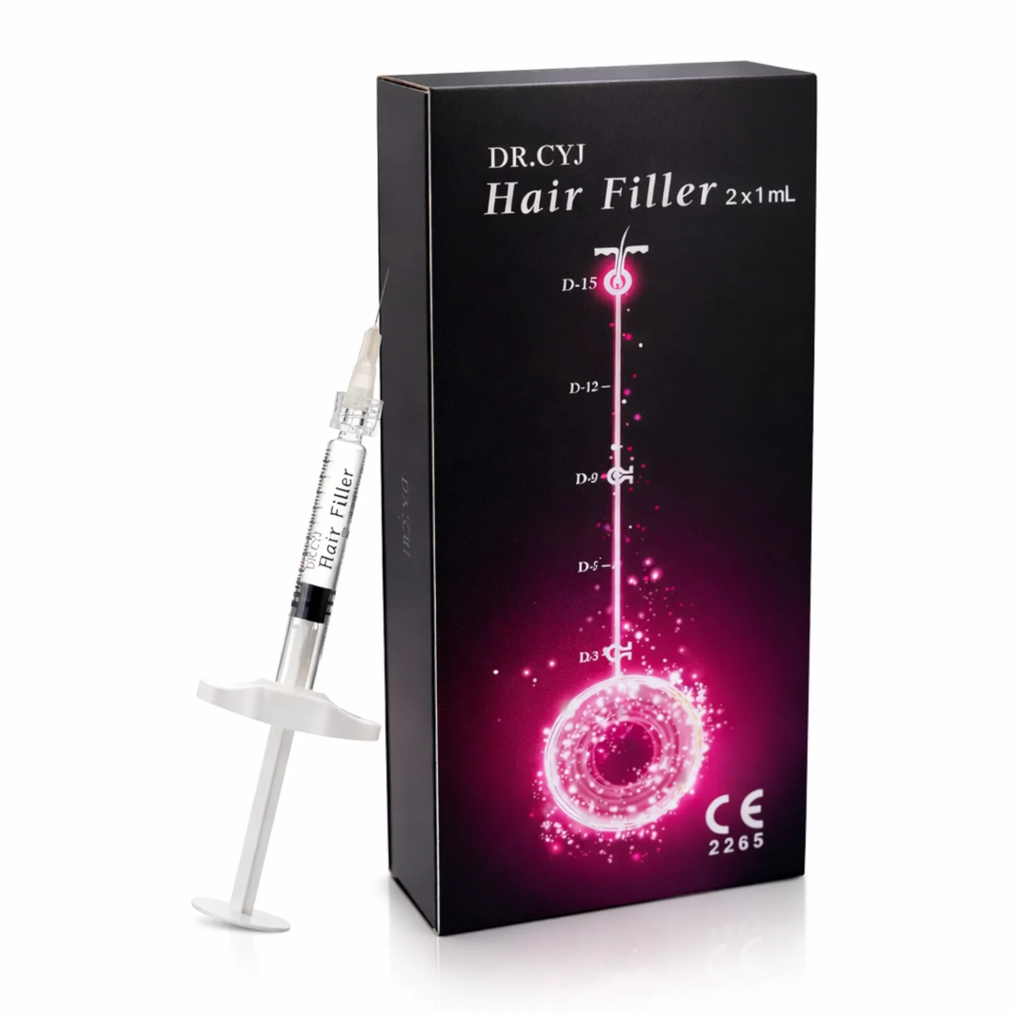 Schwarze Verpackung mit pinkfarbenem grafischem Design und einem Nadel- und Spritztüllen-Objekt, das für Haarfiller geeignet ist.