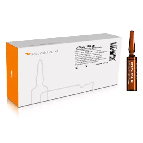 Eine Packung Dermastabilon-Ampullen und eine einzelne Ampulle daneben.