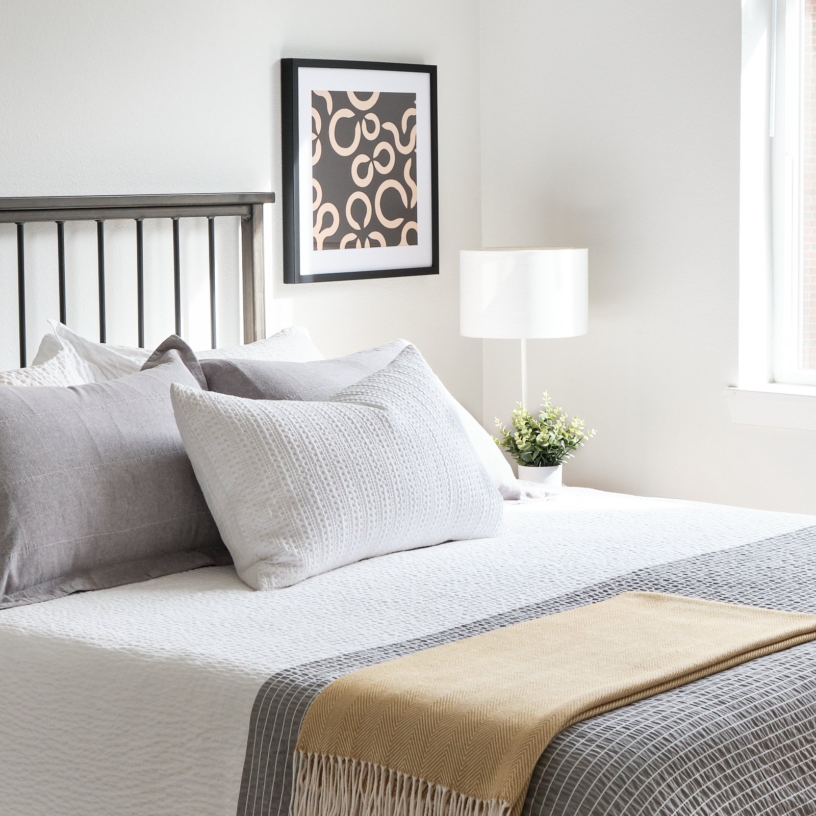 Bedroom with a bed, gray pillows, white bedding with a black-and-white patterned throw, a white lamp, a potted plant, framed artwork on the wall, and a window with blinds.