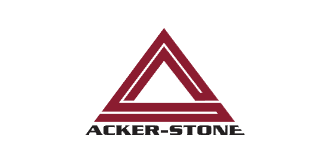 A logo with a stylized, triangular mountain design in maroon and black above the text 'ACKER-STONE'