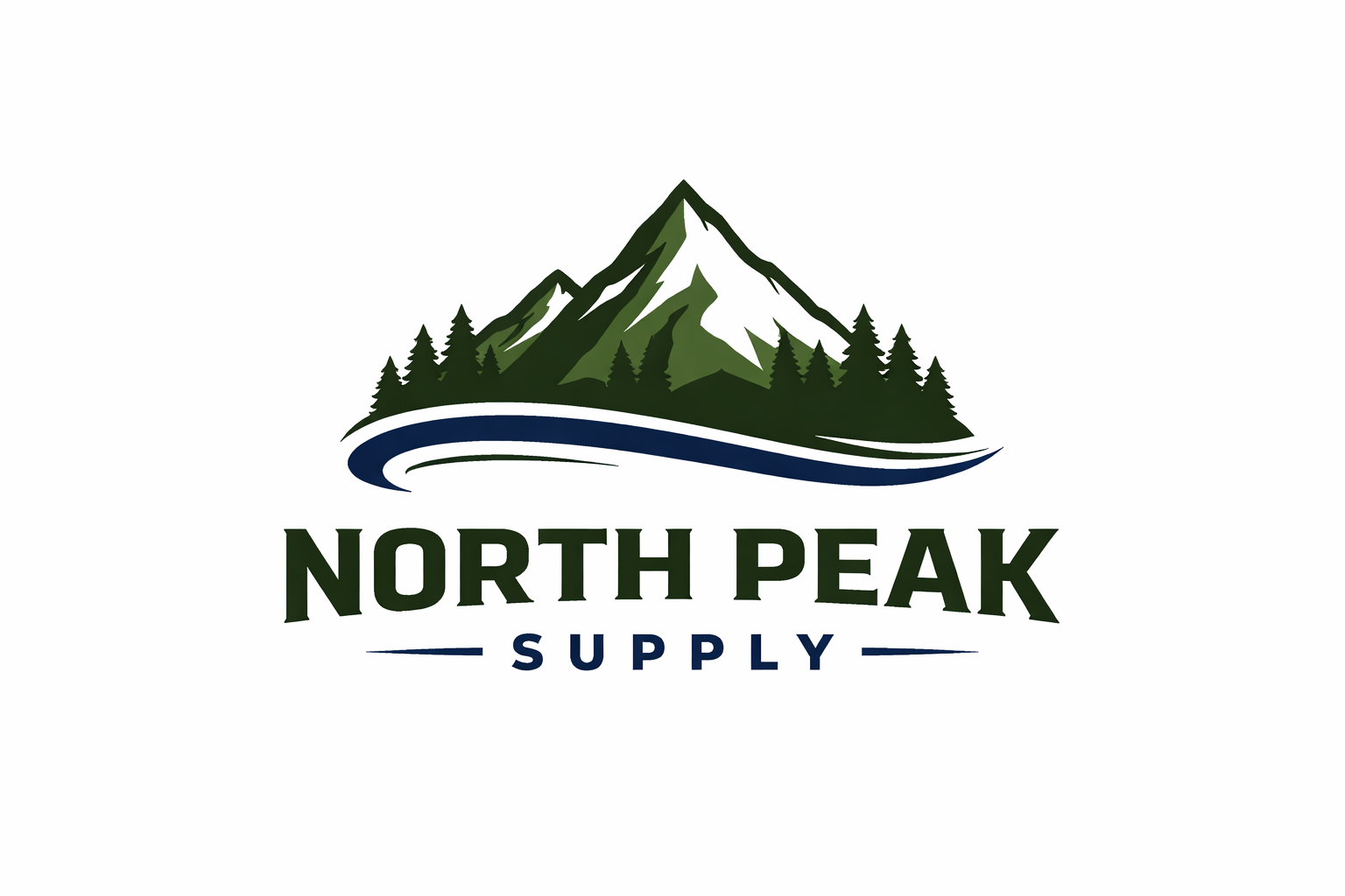 Logo for North Peak Supply featuring a mountain with snow, green trees in front, and a blue wavy line representing a river or trail, with the text 'North Peak Supply' beneath.