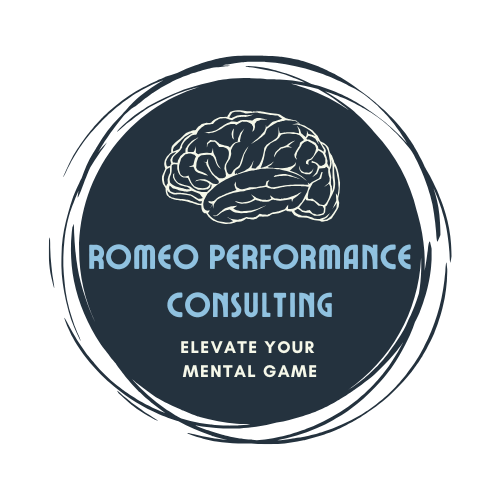 Logo with a brain illustration and text that reads "Romeo Performance Consulting, Elevate Your Mental Game."