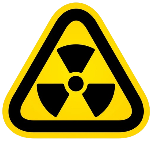 Yellow warning sign with black radiation symbol.
