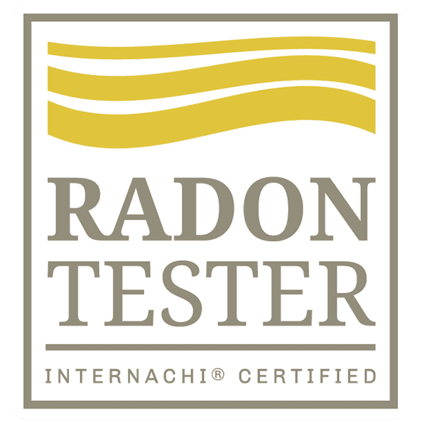 Radon Tester certification label with yellow wavy lines and gray text reading "Radon Tester"