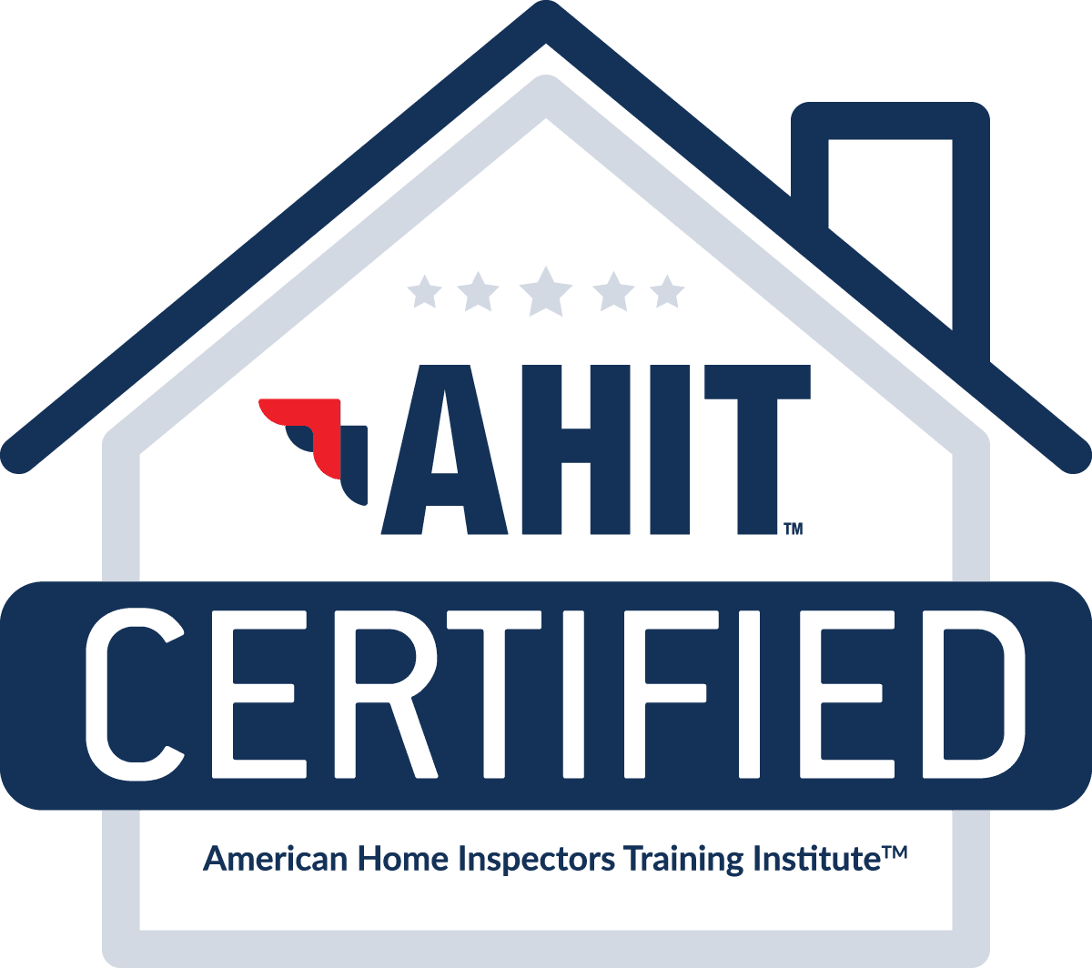 A logo for AHIT Certified by the American Home Inspectors Training Institute, featuring an outline of a house with a chimney, five stars, and text indicating certification.