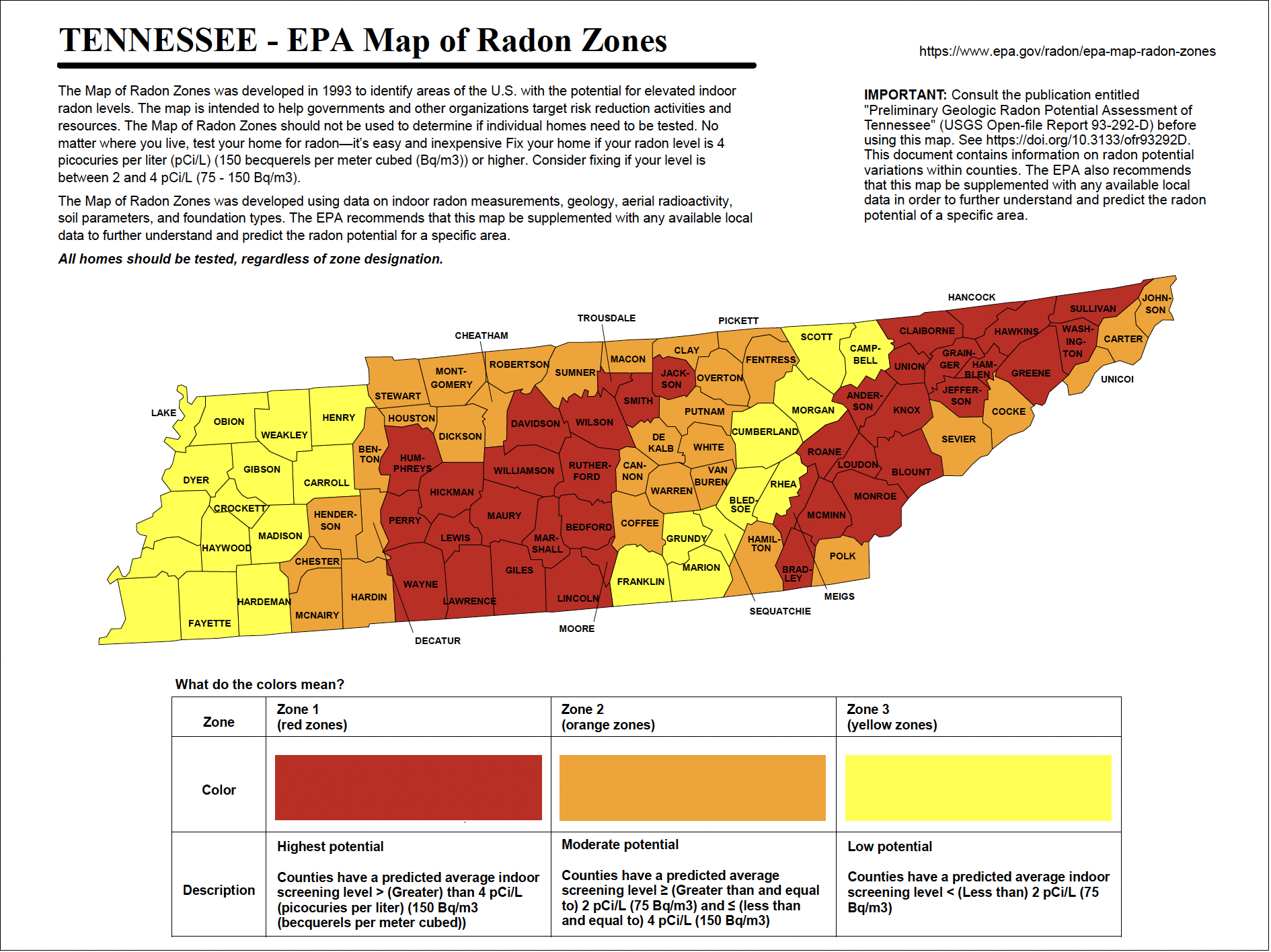 Map of Tennessee showing radon zones in different counties. Counties are color-coded as red for high potential, orange for moderate potential, and yellow for low potential.